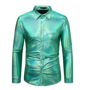 Pink Gold Wine Green Jazz dance shirts for men youth concert band nightclub stage performance bling tops Disco Shiny Long Sleeve Shirt for man